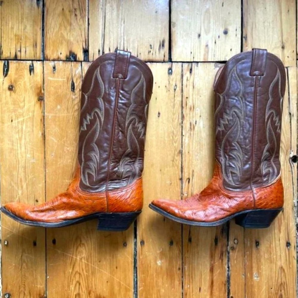 Handmade Nocona Cowboy Boots - Size 8.5 Ostrich Cognac/Brown Embroidered Leather
